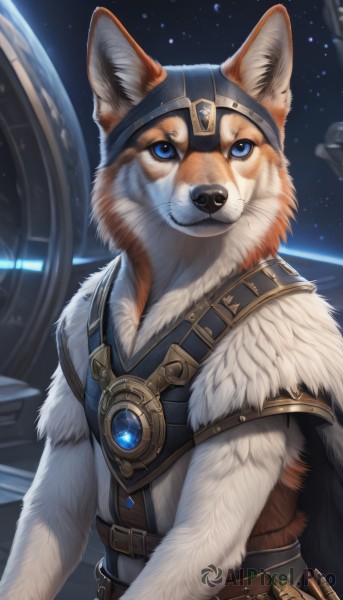 solo,smile,blue eyes,1boy,jewelry,upper body,weapon,male focus,belt,signature,fur trim,no humans,animal,helmet,gem,sheath,star (sky),furry,starry sky,dog,sheathed,space,dagger,animal focus,planet,fur,looking at viewer,animal ears,closed mouth,artist name,armor,goggles,pouch,fantasy,brown belt,white fur,shiba inu