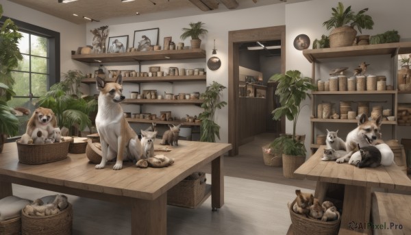 day,indoors,no humans,window,animal,table,cat,sleeping,bottle,plant,scenery,dog,wooden floor,basket,potted plant,animal focus,shelf,jar,counter,cabinet