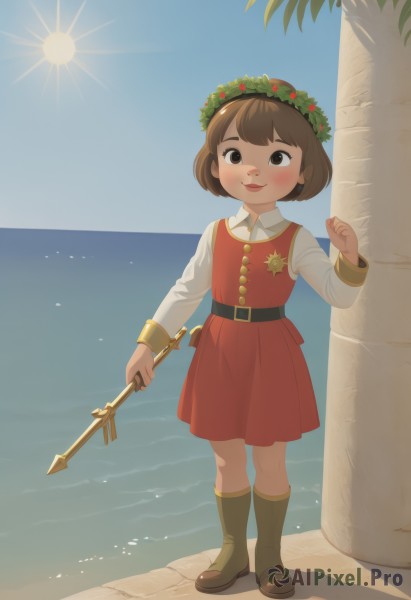 1girl,solo,looking at viewer,blush,smile,short hair,bangs,brown hair,shirt,long sleeves,dress,holding,brown eyes,closed mouth,standing,full body,white shirt,weapon,boots,outdoors,sky,day,collared shirt,belt,sword,hand up,water,holding weapon,tree,blue sky,shadow,ocean,beach,brown footwear,red dress,knee boots,child,palm tree,sun,horizon,red vest,female child,head wreath,sunlight,staff,sand