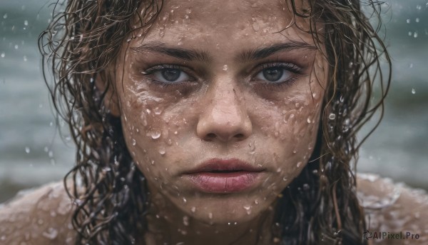 1girl, solo, long hair, looking at viewer, brown hair, black hair, brown eyes, closed mouth, outdoors, blurry, lips, wet, eyelashes, depth of field, blurry background, messy hair, portrait, close-up, water drop, realistic, nose, wet hair