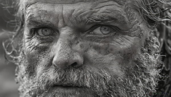 solo,looking at viewer,1boy,closed mouth,monochrome,greyscale,male focus,signature,blurry,blurry background,facial hair,portrait,beard,close-up,realistic,mustache,old,old man,artist name,v-shaped eyebrows,eyelashes,scar,scar on face,veins,serious,scar across eye,manly,sanpaku,wrinkled skin