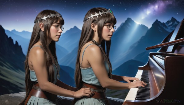 long hair,multiple girls,brown hair,black hair,dress,2girls,bare shoulders,brown eyes,jewelry,outdoors,sky,glasses,sleeveless,choker,belt,artist name,white dress,from side,profile,night,siblings,tiara,sisters,instrument,star (sky),night sky,dual persona,starry sky,twins,mountain,realistic,nose,round eyewear,music,playing instrument,piano,grand piano,aurora,sitting,very long hair,closed mouth,collar,hand on hip,crown,black-framed eyewear