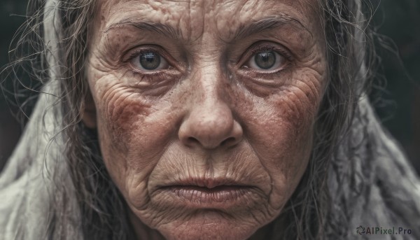 solo,looking at viewer,1boy,closed mouth,grey hair,male focus,parted lips,teeth,lips,grey eyes,facial hair,portrait,close-up,realistic,old,old man,old woman,wrinkled skin,black eyes,veil