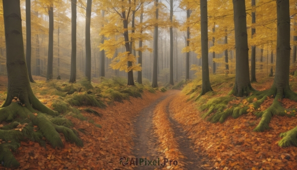 outdoors,day,tree,no humans,leaf,sunlight,grass,nature,scenery,forest,autumn leaves,autumn,road,orange theme