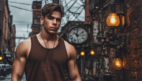 solo,looking at viewer,brown hair,shirt,black hair,1boy,jewelry,upper body,male focus,outdoors,parted lips,sleeveless,blurry,muscular,blurry background,facial hair,tank top,building,city,realistic,clock,manly,photo background,short hair,bare shoulders,brown eyes,closed mouth,day,necklace,depth of field,pectorals,robot,muscular male,bara,science fiction,lamppost,light bulb