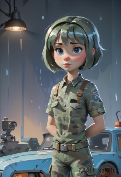 1girl,solo,blush,short hair,bangs,blue eyes,shirt,closed mouth,standing,short sleeves,cowboy shot,green hair,collared shirt,belt,pants,uniform,lips,wet,military,military uniform,arms behind back,ground vehicle,motor vehicle,rain,military vehicle,car,tank,camouflage,lamppost,soldier,camouflage pants,bob cut,thick eyebrows,freckles,nose,green shirt,brown belt