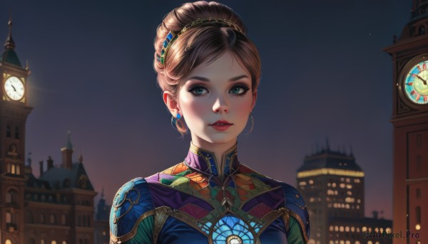 1girl,solo,looking at viewer,smile,short hair,bangs,blue eyes,brown hair,hair ornament,dress,jewelry,green eyes,upper body,earrings,outdoors,parted lips,sky,hair bun,lips,eyelashes,makeup,night,blue dress,single hair bun,lipstick,brooch,building,gem,portrait,night sky,eyeshadow,gold trim,clock,red lips,castle,tower,updo,green gemstone,clock tower,teeth,blurry,thick eyebrows,realistic,nose