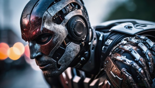 solo,1boy,upper body,male focus,signature,armor,blurry,depth of field,blurry background,glowing,helmet,robot,lens flare,science fiction,realistic,glowing eye,cyborg,power armor,cyberpunk,looking at viewer,shiny,black eyes,from side,lips,profile,mask,portrait,close-up,bokeh