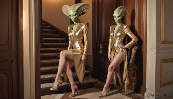 breasts,looking at viewer,multiple girls,skirt,dress,2girls,jewelry,medium breasts,sitting,standing,small breasts,indoors,high heels,hand on hip,legs,colored skin,formal,crossed legs,suit,monster girl,reflection,mirror,stairs,door,bald,green skin,throne,alien,different reflection,yellow skin,pointy ears,side slit,toenails,strappy heels,stiletto heels,gold footwear