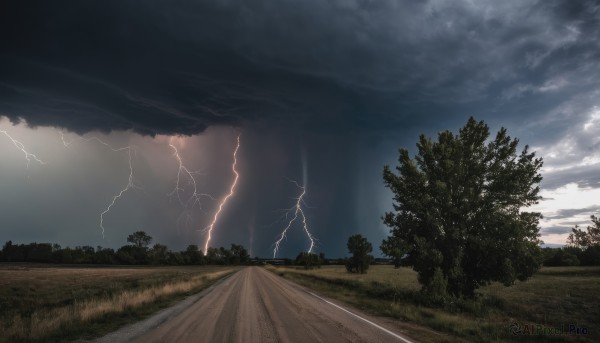 outdoors,sky,cloud,tree,no humans,cloudy sky,grass,nature,scenery,forest,mountain,electricity,road,lightning,landscape,path,horizon,dark,field