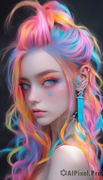 1girl,solo,long hair,looking at viewer,blue eyes,blonde hair,simple background,bare shoulders,jewelry,closed mouth,blue hair,upper body,pink hair,multicolored hair,earrings,orange hair,from side,two-tone hair,lips,streaked hair,eyelashes,makeup,wavy hair,piercing,black background,ear piercing,portrait,eyeshadow,realistic,nose,eyeliner,mascara,artist name,star (symbol),gradient hair,feathers,pink lips,rainbow hair