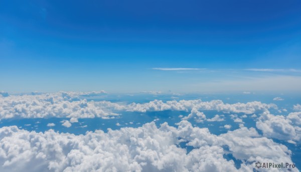 monochrome,outdoors,sky,day,cloud,blue sky,no humans,ocean,cloudy sky,scenery,blue theme,horizon,landscape,above clouds