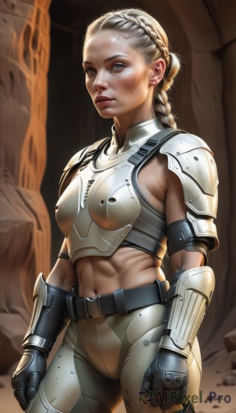 1girl,solo,long hair,breasts,looking at viewer,blue eyes,blonde hair,gloves,navel,jewelry,medium breasts,standing,braid,cowboy shot,sweat,earrings,small breasts,parted lips,midriff,belt,armor,lips,muscular,scar,abs,shoulder armor,gauntlets,clenched hands,freckles,toned,pauldrons,breastplate,realistic,nose,muscular female,bikini armor,dirty,hair pulled back,obliques,dirty face,boobplate,pants,single braid,piercing,scar on face,braided ponytail