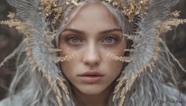 1girl,solo,long hair,looking at viewer,hair ornament,brown eyes,closed mouth,white hair,grey hair,parted lips,blurry,lips,grey eyes,eyelashes,depth of field,blurry background,feathers,head wings,portrait,close-up,freckles,realistic,nose,crown