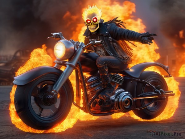 solo,looking at viewer,smile,blonde hair,red eyes,gloves,long sleeves,1boy,jacket,male focus,boots,outdoors,open clothes,teeth,black gloves,pants,black footwear,grin,open jacket,black jacket,blurry background,black pants,fire,denim,spiked hair,goggles,ground vehicle,motor vehicle,smoke,jeans,riding,leather,explosion,motorcycle,leather jacket,on motorcycle,long hair,full body,mask,glowing,glowing eyes,spikes,zipper,burning,fiery hair