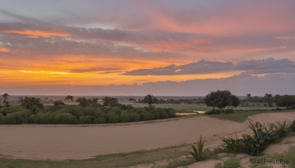 outdoors,sky,cloud,tree,no humans,cloudy sky,grass,plant,nature,scenery,forest,sunset,mountain,horizon,road,field,evening,landscape,mountainous horizon,orange sky,path,hill,ocean,bush,river