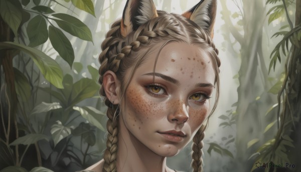 1girl,solo,long hair,looking at viewer,brown hair,animal ears,brown eyes,jewelry,yellow eyes,braid,earrings,outdoors,parted lips,day,cat ears,mole,twin braids,tree,lips,animal ear fluff,eyelashes,leaf,plant,portrait,nature,mole under mouth,extra ears,forehead,forest,freckles,realistic,stud earrings,closed mouth,dirty,multiple braids