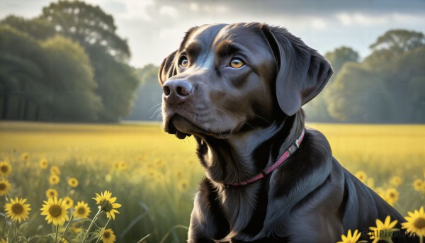 HQ,solo,closed mouth,yellow eyes,flower,outdoors,sky,day,cloud,blurry,collar,tree,no humans,depth of field,blurry background,animal,looking up,dog,realistic,yellow flower,sunflower,field,animal focus,flower field,signature,blue sky,cloudy sky,red collar,animal collar