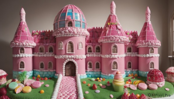 outdoors,food,no humans,window,fruit,grass,building,gem,scenery,strawberry,door,mushroom,house,egg,food focus,macaron,sweets,flower,plant,pink flower,castle,tower,arch