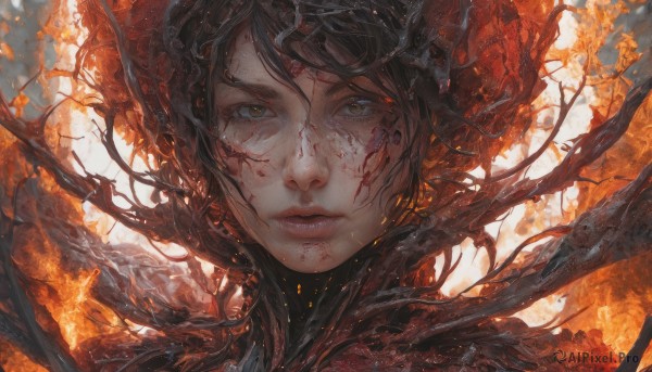 1girl,solo,looking at viewer,short hair,bangs,brown hair,black hair,brown eyes,closed mouth,yellow eyes,lips,blood,fire,portrait,blood on face,burning,artist name,eyelashes,facial mark,expressionless,messy hair,close-up,realistic,nose