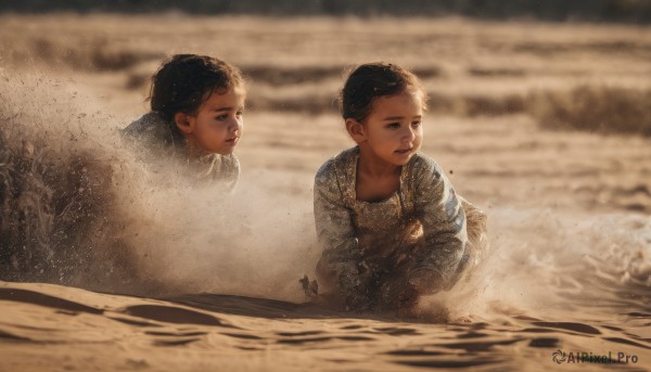 1girl,short hair,brown hair,black hair,long sleeves,1boy,closed mouth,outdoors,water,armor,blurry,lips,wet,depth of field,blurry background,beach,aged down,child,partially submerged,realistic,sand,dirty,chainmail,blue eyes,male focus,multiple boys,dark skin,2boys,siblings,ocean,male child,very short hair,waves,baby,mother and son,shore,brown theme,desert,dust