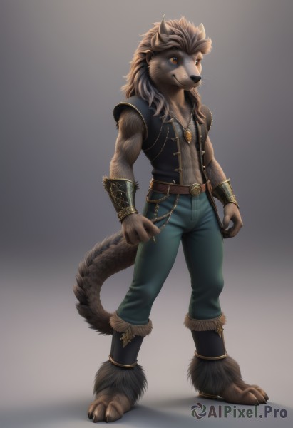 solo,long hair,looking at viewer,smile,simple background,brown hair,shirt,1boy,animal ears,brown eyes,jewelry,closed mouth,standing,tail,full body,male focus,open clothes,sleeveless,belt,pants,artist name,signature,grey background,necklace,vest,orange eyes,denim,claws,furry,clenched hands,colored sclera,blue pants,vambraces,brown belt,bracer,furry male,body fur,leather,lion ears,fur,open vest,sleeveless jacket,snout,brown fur,grey fur,leather belt,boots,armor,muscular,watermark,abs,wristband,web address,pendant,green pants,werewolf