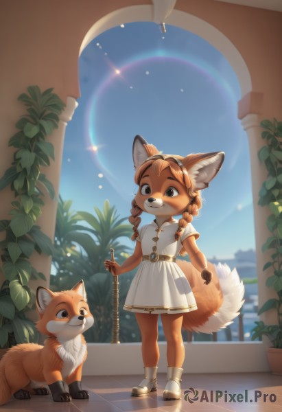 1girl,long hair,smile,bangs,brown hair,dress,holding,animal ears,twintails,brown eyes,jewelry,closed mouth,standing,tail,full body,braid,short sleeves,hairband,outdoors,sky,shoes,day,socks,belt,artist name,indoors,signature,white dress,blurry,looking at another,black eyes,twin braids,flat chest,blue sky,animal ear fluff,fox ears,window,sparkle,:3,buttons,blurry background,fox tail,watermark,looking down,short dress,happy,sunlight,white footwear,plant,white socks,fox girl,building,child,furry,backlighting,freckles,animal hands,furry female,collared dress,female child,potted plant,body fur,white fur,animal nose,pillar,fox,snout,brown fur,two-tone fur,yellow fur,arch,orange fur,solo,blue eyes,sidelocks,parted lips,teeth,hair intakes,goggles,rope,eyewear on head,claws,light particles,lens flare,light rays,brown belt,pleated dress