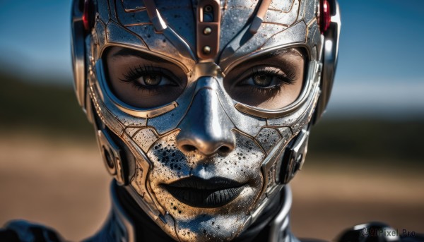 1girl,solo,looking at viewer,brown eyes,male focus,armor,blurry,lips,eyelashes,depth of field,blurry background,helmet,portrait,close-up,science fiction,realistic,nose,straight-on,dirty,bodysuit,makeup,mask,black lips