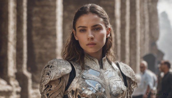 1girl,long hair,looking at viewer,blue eyes,brown hair,brown eyes,closed mouth,upper body,multiple boys,solo focus,armor,blurry,lips,dutch angle,depth of field,blurry background,wavy hair,expressionless,shoulder armor,pauldrons,breastplate,realistic,blonde hair,jewelry,earrings