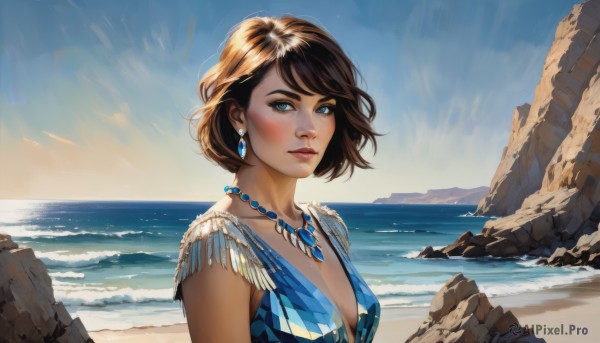 1girl,solo,breasts,looking at viewer,blush,short hair,bangs,blue eyes,brown hair,dress,cleavage,jewelry,medium breasts,closed mouth,collarbone,upper body,earrings,small breasts,outdoors,sky,day,water,necklace,blue sky,lips,blue dress,ocean,beach,gem,rock,nose,sand,horizon,shore,parted lips,sleeveless,makeup,sunlight,thick eyebrows,waves