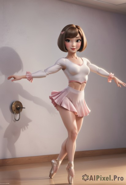 1girl,solo,breasts,looking at viewer,blush,smile,short hair,bangs,skirt,brown hair,shirt,hair ornament,long sleeves,bow,navel,brown eyes,medium breasts,closed mouth,standing,collarbone,full body,white shirt,pleated skirt,small breasts,midriff,artist name,indoors,hair flower,miniskirt,lips,crop top,makeup,shadow,watermark,bob cut,outstretched arms,lipstick,pink skirt,spread arms,red lips,tiptoes,balancing,ballerina,ballet slippers,ballet,hair bow,high heels,wooden floor,dancing