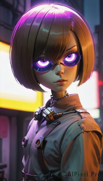 1girl,solo,looking at viewer,short hair,bangs,brown hair,closed mouth,purple eyes,jacket,upper body,pink eyes,blurry,lips,blurry background,watermark,bob cut,goggles,zipper,freckles,science fiction,nose,cyborg,cyberpunk,glasses,swept bangs,glowing,robot,glowing eyes,backlighting,jumpsuit,thick lips