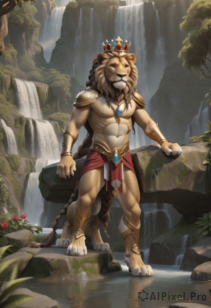 solo,long hair,looking at viewer,smile,brown hair,1boy,navel,animal ears,brown eyes,jewelry,very long hair,nipples,standing,tail,full body,braid,flower,male focus,thighs,outdoors,day,water,necklace,stomach,armor,tree,muscular,abs,sunlight,crown,pectorals,plant,muscular male,red flower,shoulder armor,nature,bara,claws,pelvic curtain,furry,large pectorals,pauldrons,topless male,light rays,furry male,body fur,bare pectorals,lion ears,loincloth,waterfall,brown fur,lion tail,moss,lion boy,artist name,watermark,piercing,gem,pendant,forest,rock,river,long braid,lion