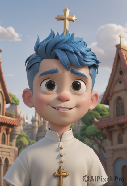 solo,looking at viewer,smile,short hair,shirt,1boy,brown eyes,blue hair,white shirt,upper body,short sleeves,male focus,outdoors,sky,teeth,day,cloud,blurry,tree,blue sky,blurry background,cross,building,child,freckles,male child,castle,latin cross,church,priest,blush,jewelry,artist name,necklace,cross necklace