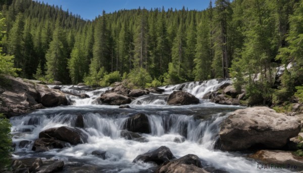 outdoors,sky,day,water,tree,blue sky,no humans,nature,scenery,forest,rock,mountain,river,waterfall,landscape,cloud,bamboo