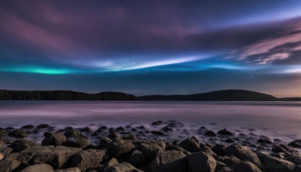 outdoors,sky,cloud,water,tree,no humans,night,ocean,beach,star (sky),night sky,scenery,starry sky,sunset,rock,sand,horizon,waves,landscape,shore,mountain,shooting star,aurora