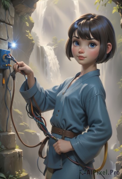 1girl,solo,breasts,looking at viewer,blush,smile,short hair,bangs,blue eyes,brown hair,black hair,long sleeves,holding,closed mouth,standing,cowboy shot,small breasts,outdoors,day,belt,water,from side,lips,buttons,sunlight,bob cut,plant,freckles,science fiction,nose,brown belt,cable,waterfall,wire,robe