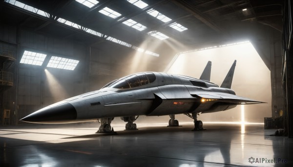 HQ,indoors,signature,military,no humans,window,sunlight,reflection,science fiction,light rays,realistic,aircraft,military vehicle,airplane,sunbeam,vehicle focus,spacecraft,lights,jet,fighter jet,cockpit,pilot