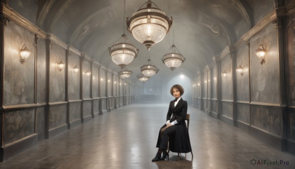 1girl,solo,looking at viewer,smile,short hair,bangs,brown hair,shirt,long sleeves,dress,brown eyes,sitting,closed mouth,jacket,full body,white shirt,shoes,pants,indoors,black footwear,black dress,high heels,coat,black jacket,window,chair,black pants,formal,crossed legs,own hands together,suit,scenery,reflection,black coat,stairs,lamp,wide shot,hands on lap,ceiling light,reflective floor,chandelier,boots,table,high heel boots,long dress,tiles,light,ceiling,arch