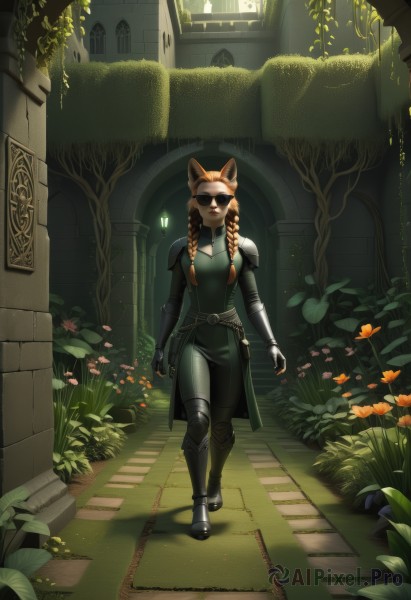 1girl,solo,long hair,breasts,looking at viewer,brown hair,gloves,animal ears,medium breasts,closed mouth,standing,full body,weapon,braid,flower,boots,outdoors,belt,pants,artist name,fingerless gloves,armor,twin braids,tree,lips,fox ears,window,bodysuit,sunlight,sunglasses,knee boots,plant,shoulder armor,gauntlets,facing viewer,walking,pauldrons,breastplate,fantasy,arms at sides,armored boots,knee pads,greaves,shoulder pads,arch,multicolored hair,grass,bug,butterfly,dog ears,nature,dog girl,vines,overgrown,leg armor,plate armor