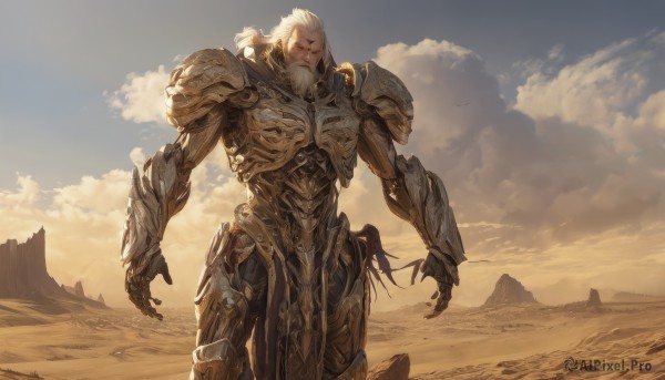 solo,looking at viewer,1boy,closed mouth,standing,white hair,male focus,cowboy shot,outdoors,sky,day,cloud,armor,facial hair,scar,cloudy sky,shoulder armor,gauntlets,beard,pauldrons,breastplate,sand,manly,old,old man,closed eyes,blue sky,scenery,scar on face,rock,mountain,realistic,fantasy,scar across eye,arms at sides,desert