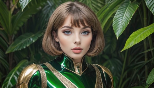 1girl,solo,looking at viewer,short hair,bangs,blue eyes,brown hair,closed mouth,upper body,shiny,armor,blurry,lips,eyelashes,makeup,blurry background,leaf,bob cut,plant,portrait,realistic,nose,outdoors,parted lips,nature,red lips