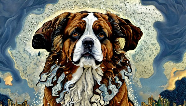 HQ,solo,looking at viewer,1boy,horns,cloud,water,no humans,facial hair,beard,monster,giant,old,whiskers,surreal,brown eyes,teeth,artist name,signature,orange eyes,animal,watermark,building,web address,dog,city,realistic