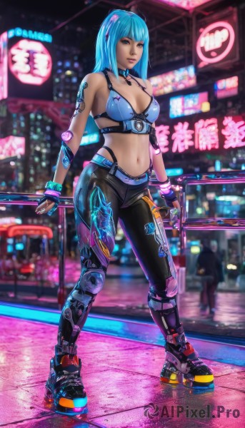 1girl,solo,long hair,breasts,looking at viewer,bangs,blue eyes,gloves,navel,cleavage,bare shoulders,jewelry,medium breasts,underwear,blue hair,standing,swimsuit,full body,weapon,bikini,boots,solo focus,choker,midriff,belt,pants,fingerless gloves,bra,blurry,lips,gun,aqua hair,tattoo,blurry background,black pants,ground vehicle,bikini top only,science fiction,realistic,knee pads,skates,cyberpunk,roller skates,neon lights,inline skates,panties,outdoors,black gloves,nail polish,collar,bracelet,night,watermark,highleg,sneakers,web address,blue bikini,contrapposto,highleg panties,highleg bikini,asymmetrical clothes,tight pants