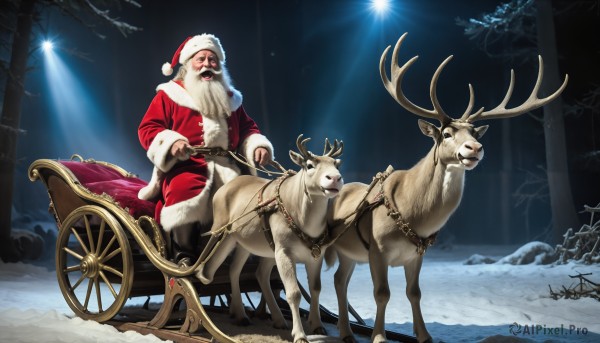 HQ,solo,1boy,hat,sitting,white hair,male focus,boots,outdoors,tree,night,facial hair,animal,nature,christmas,beard,snow,santa hat,forest,santa costume,mustache,riding,antlers,old,old man,deer,reindeer,reins,open mouth,weapon,necklace,collar,bow (weapon),light rays