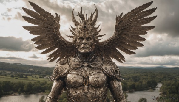 1girl,solo,upper body,outdoors,wings,horns,sky,cloud,armor,no humans,helmet,cloudy sky,shoulder armor,nature,feathered wings,pauldrons,breastplate,mountain,lake,looking at viewer,1boy,monochrome,male focus,day,tree,scenery,landscape