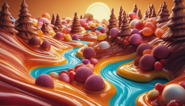 outdoors,food,sky,water,tree,no humans,fruit,scenery,sunset,sun,food focus,orange sky,blueberry,candy,chocolate,valentine,orange background,icing