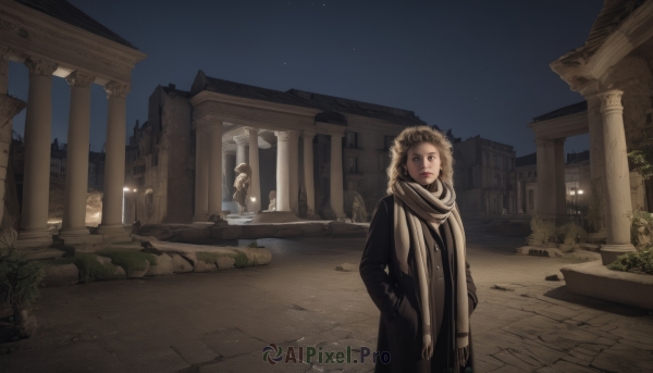 1girl,solo,looking at viewer,short hair,brown hair,brown eyes,closed mouth,standing,outdoors,sky,hood,scarf,lips,coat,night,building,star (sky),night sky,scenery,starry sky,black coat,hands in pockets,winter clothes,road,ruins,pillar,statue,arch,column,plant,lamppost