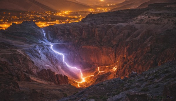 outdoors,sky,cloud,no humans,building,scenery,sunset,rock,mountain,city,fantasy,electricity,river,lightning,landscape,cliff,cave,molten rock,night,city lights