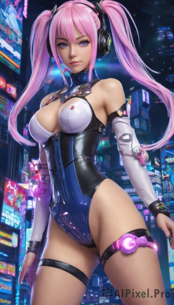 1girl,solo,long hair,breasts,looking at viewer,bangs,blue eyes,large breasts,cleavage,bare shoulders,twintails,medium breasts,standing,pink hair,thighs,cowboy shot,detached sleeves,shiny,artist name,nail polish,leotard,lips,shiny skin,clothing cutout,covered navel,thigh strap,night,headphones,highleg,ass visible through thighs,building,skin tight,highleg leotard,city,blue leotard,closed mouth,outdoors,cleavage cutout,shiny clothes,neon lights